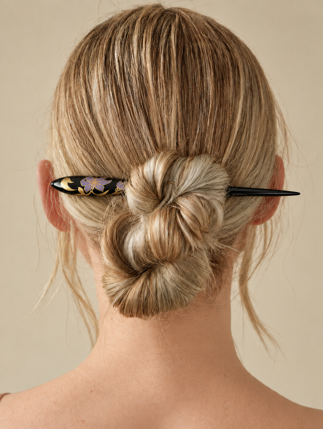Gilded Floral Ebony Hairpin styled in an elegant updo