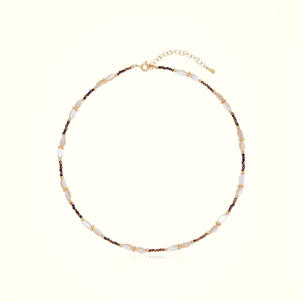 Tiger eye and mother of pearl necklace with natural brown and ivory beads