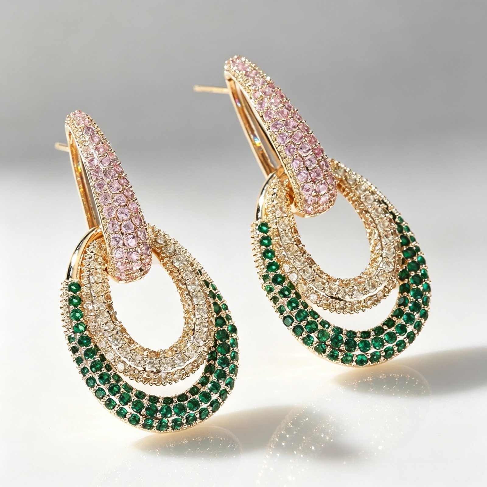 Gold and green Ripple Drop Pavé Earrings in 925 sterling silver with sparkling zircon