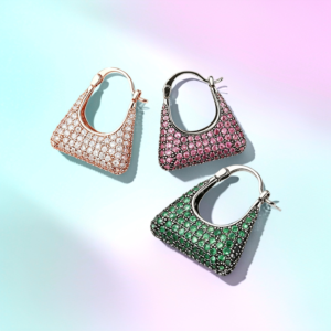 Rose Gold, Purple and Green Mini Bag Pavé Huggie Earrings displayed together