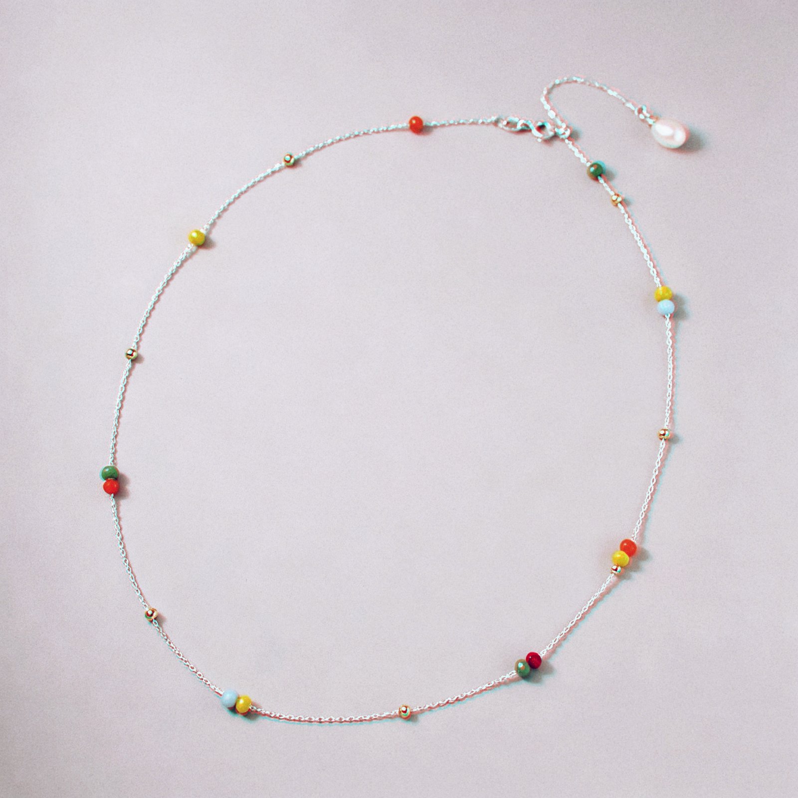 Rainbow Candy Bead Necklace with colorful enamel beads and a platinum-plated sterling silver chain