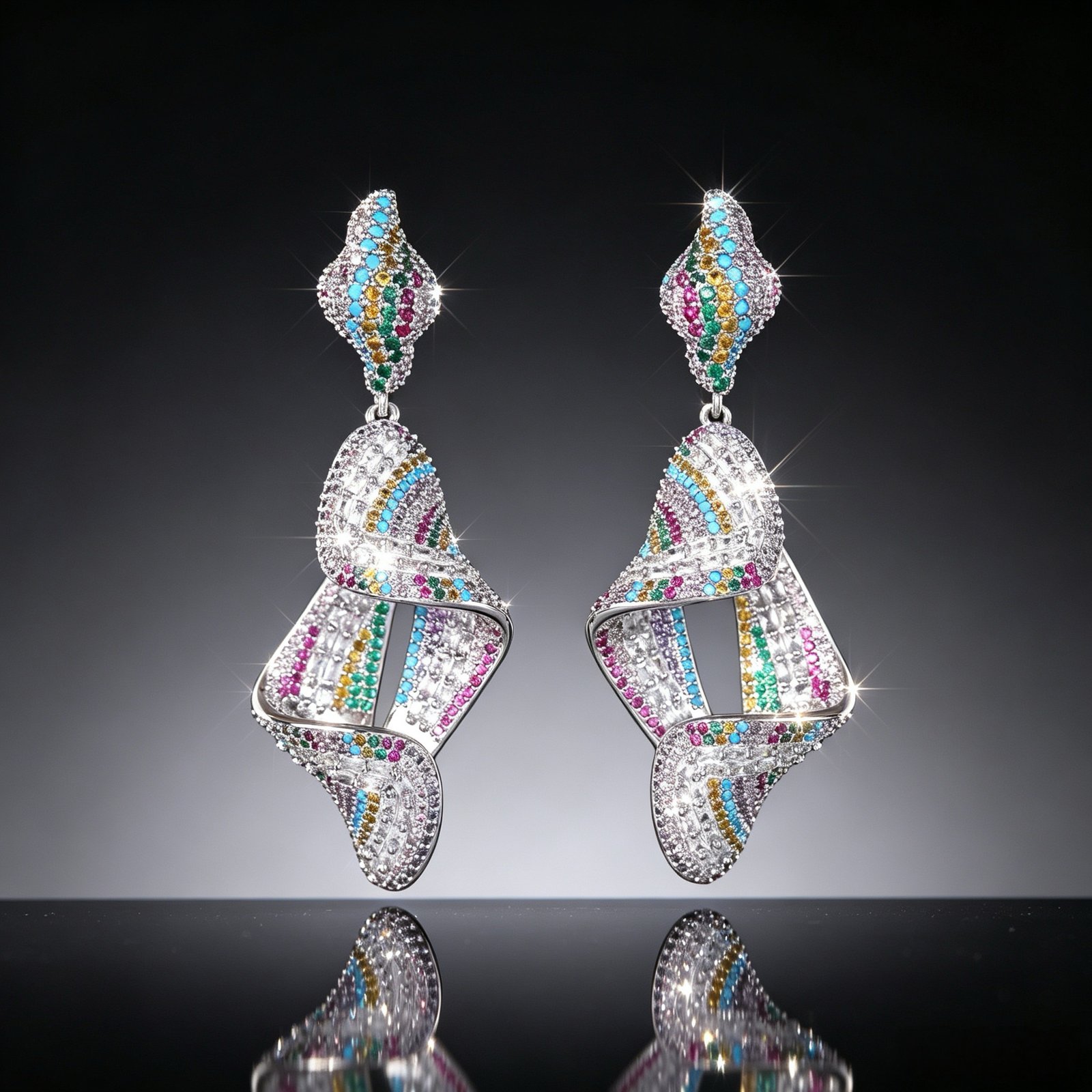Front view of colorful Ribbon Twist Pavé Drop Earrings in sterling silver