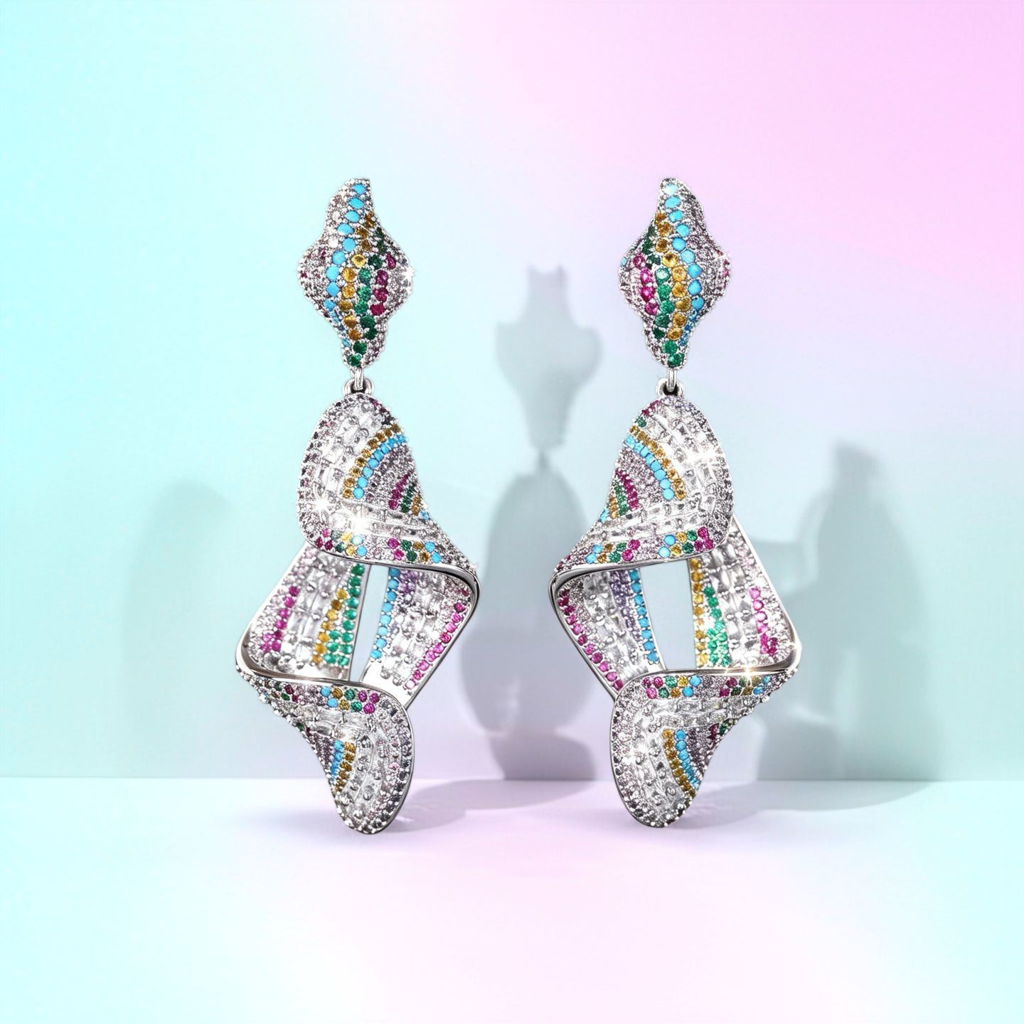 Ribbon Twist Pavé Drop Earrings in 925 sterling silver with colorful sparkling zircon