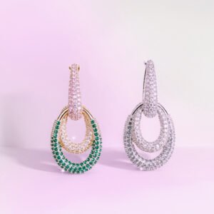 Ripple Drop Pavé Earrings in Gold and Green and Silver with sparkling zircon