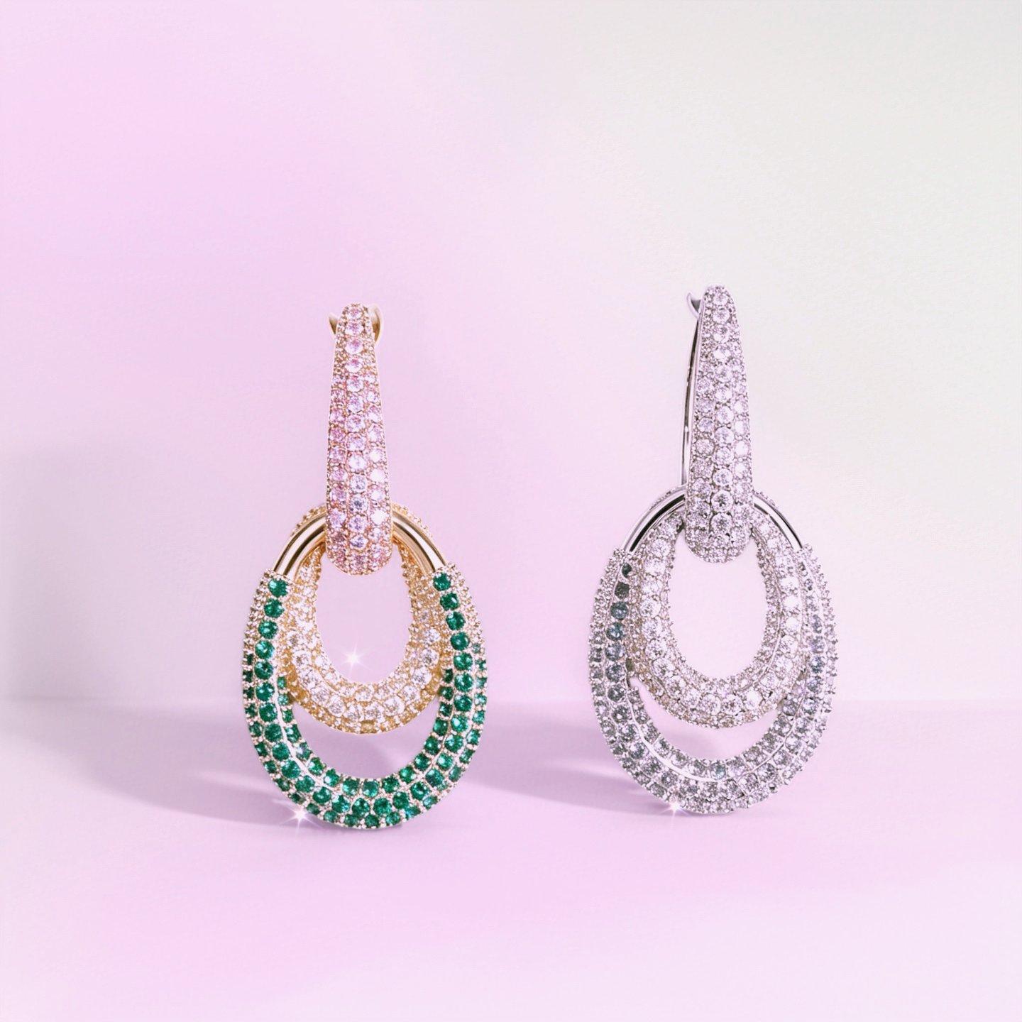 Ripple Drop Pavé Earrings in Gold and Green and Silver with sparkling zircon