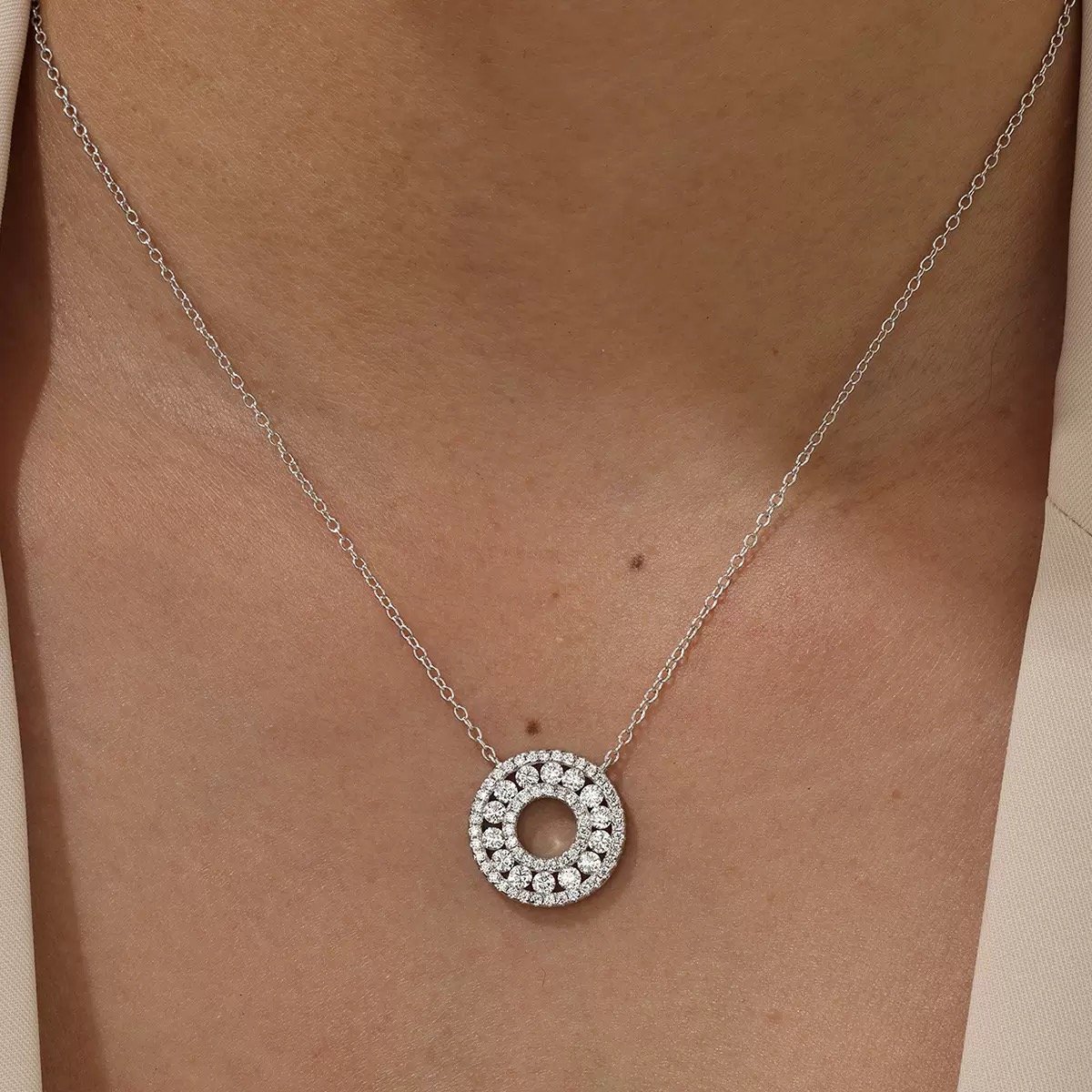 Moissanite Circle Necklace worn at the neckline