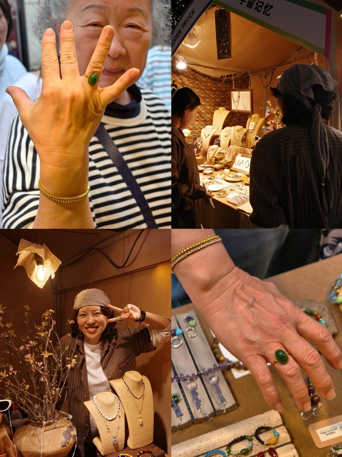 Four candid scenes from a handmade jewelry market including a customer showing a ring