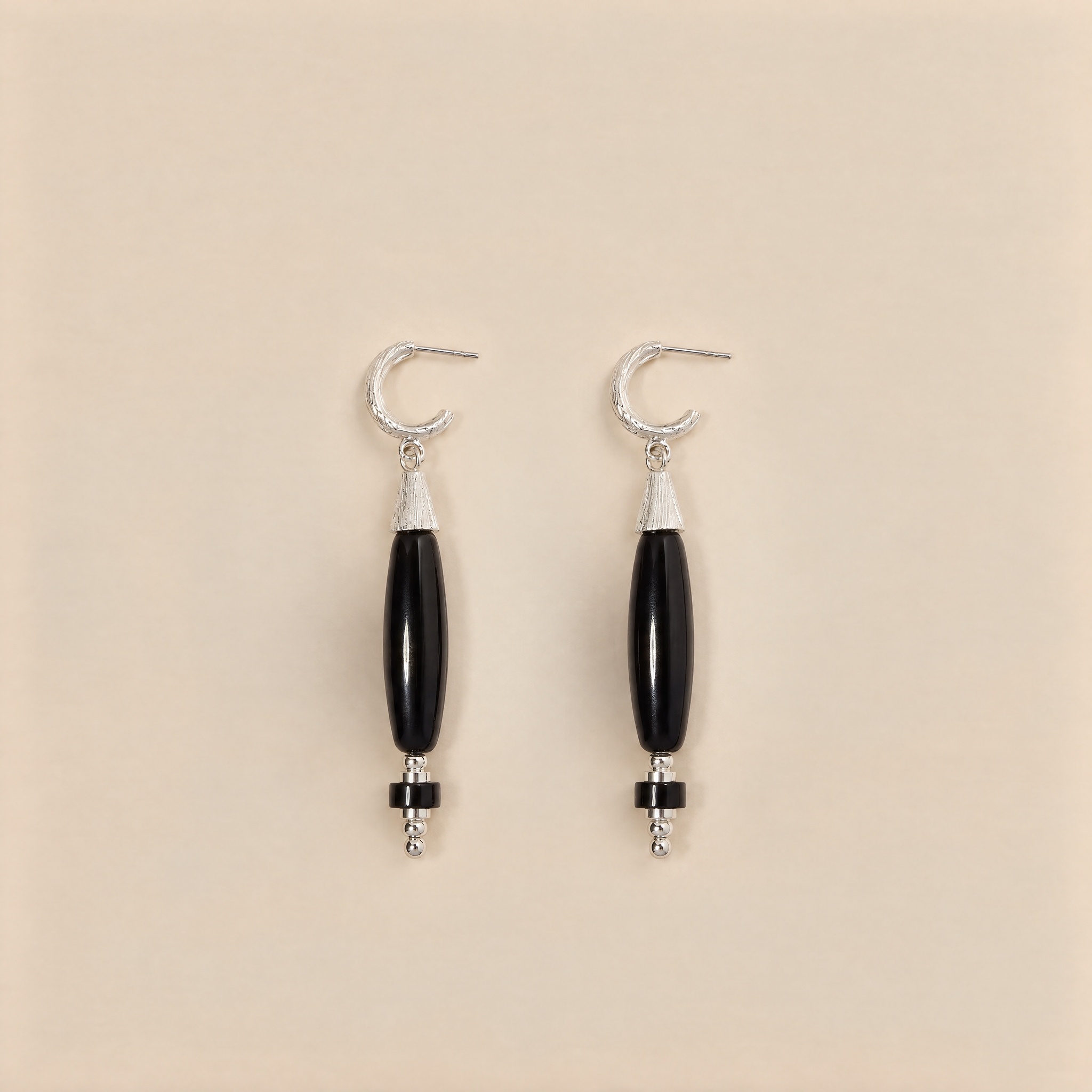 Black Agate Drop Earrings – Silver Tone