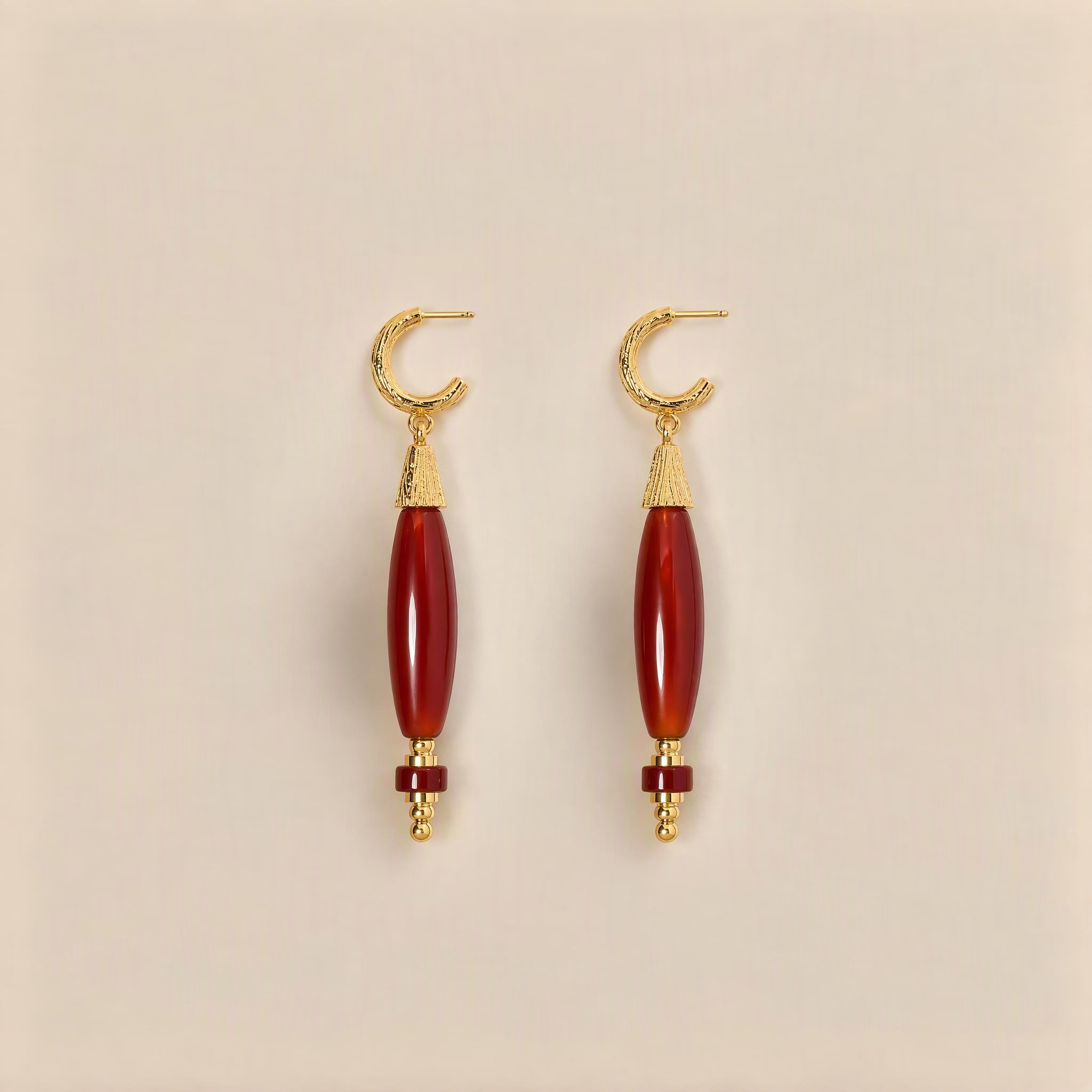 Red Agate Drop Earrings – Gold Tone