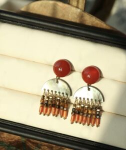Red agate and mother of pearl fringe drop earrings