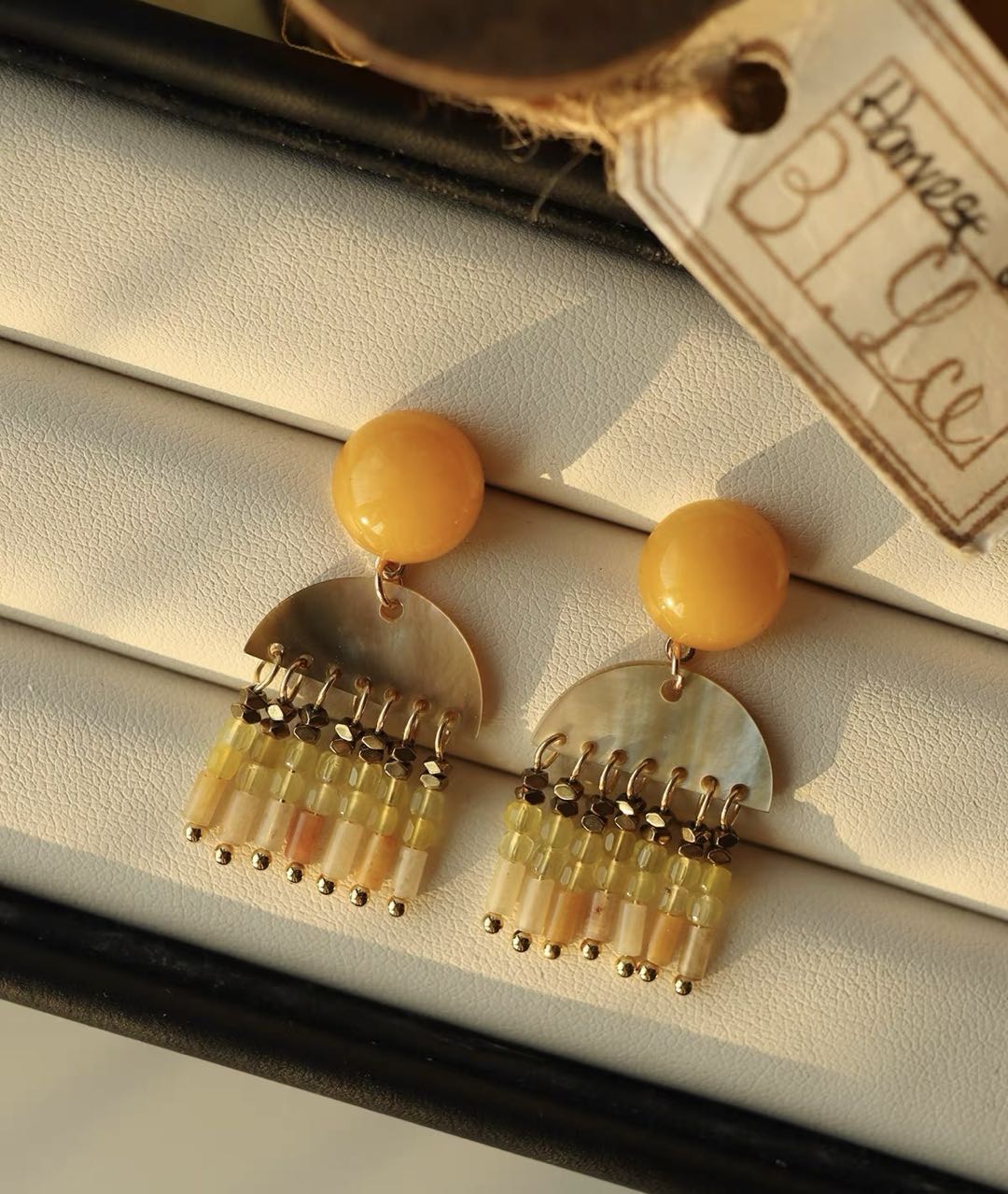 Yellow agate and mother of pearl fringe drop earrings