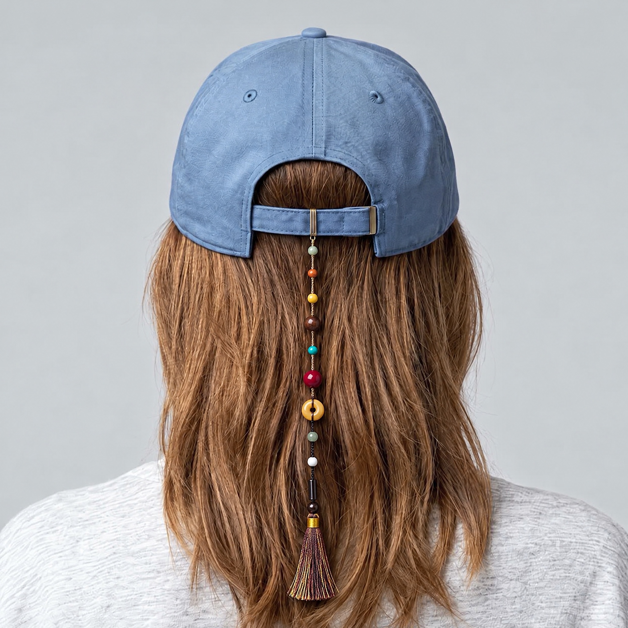 Free Spirit gemstone tassel charm hanging from the back of a baseball cap.