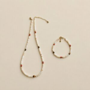 Beach inspired jewelry set with mother of pearl, agate and tiger’s eye necklace and bracelet