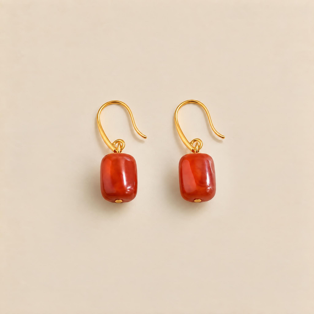Natural Nanhong agate drop earrings with red stones and gold-plated silver hooks