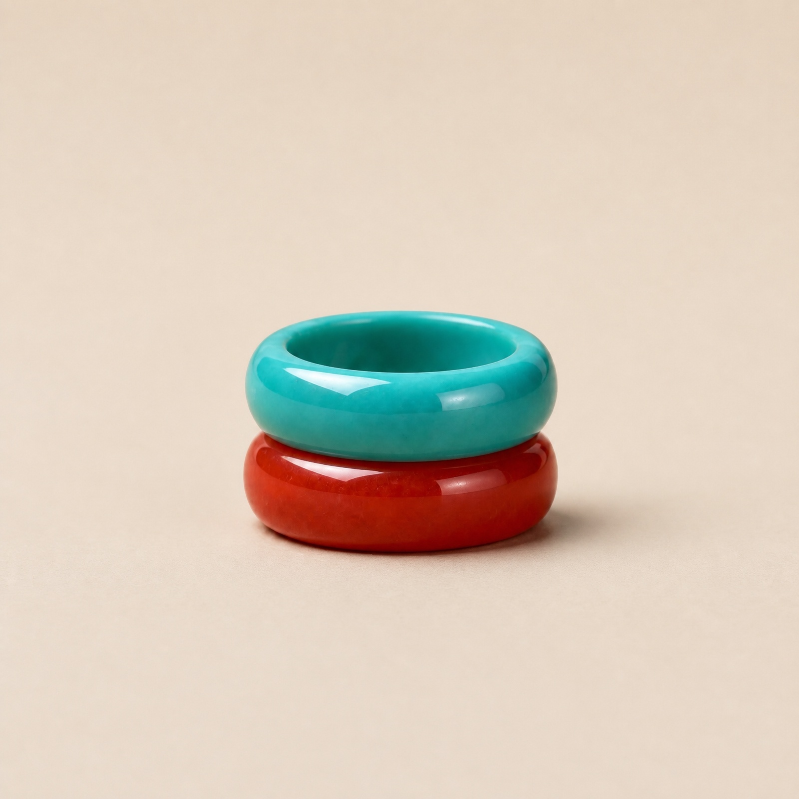 Nanhong agate and turquoise gemstone band rings worn together