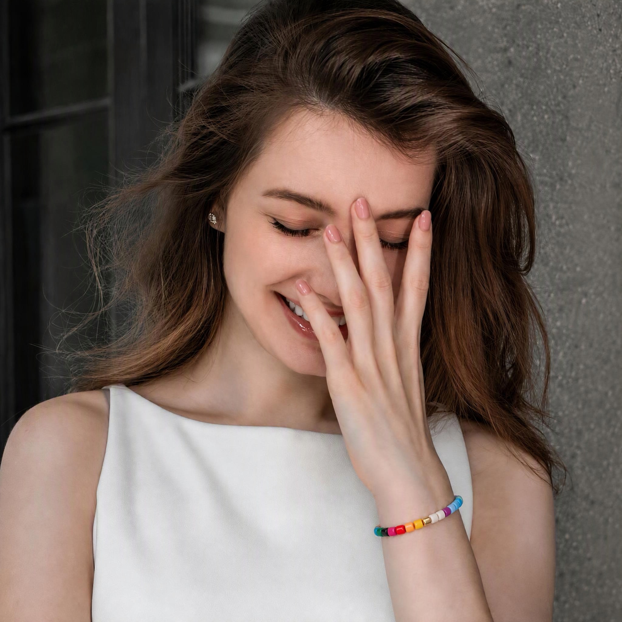 A Little Color, Every Day Colorful enamel bead bracelet worn on wrist