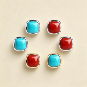 Gemstone stud earrings in Nanhong agate and turquoise with gold-tone and silver-tone 925 sterling silver settings