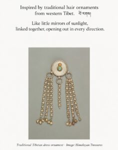 Traditional Tibetan ornament with a round centerpiece and dangling strands of linked metal discs, shown as inspiration for Golden Rhythm earrings.