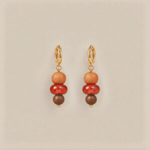 Striped agate and wooden bead earrings with gold-tone hoops
