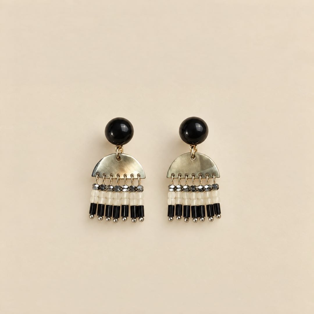 Black agate and mother of pearl fringe drop earrings
