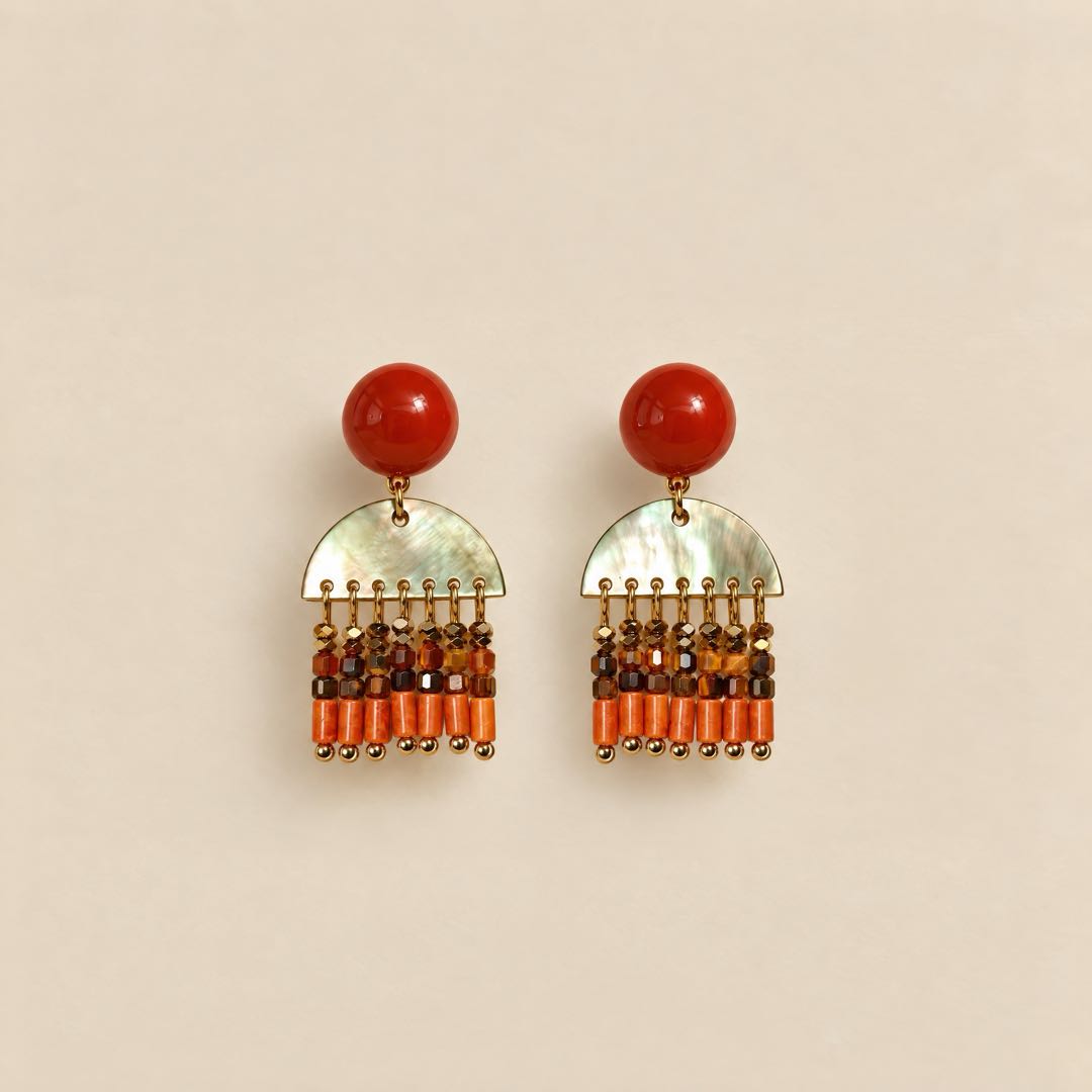 Red agate and mother of pearl fringe drop earrings