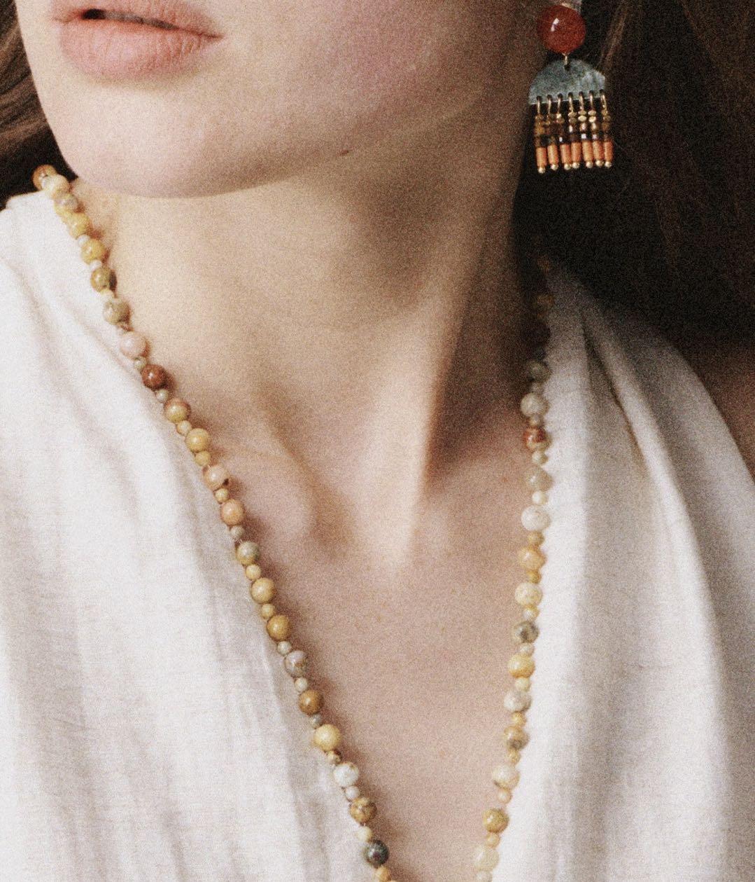 Red agate and mother of pearl fringe drop earrings