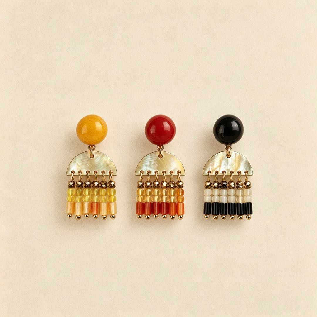 Mother of pearl drop earrings in black, red, and yellow
