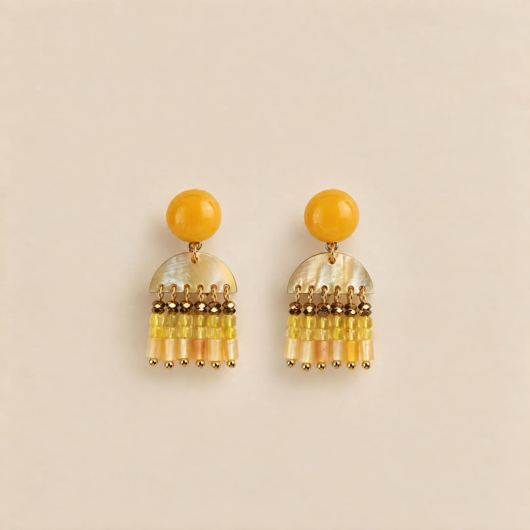 Yellow agate and mother of pearl fringe drop earrings