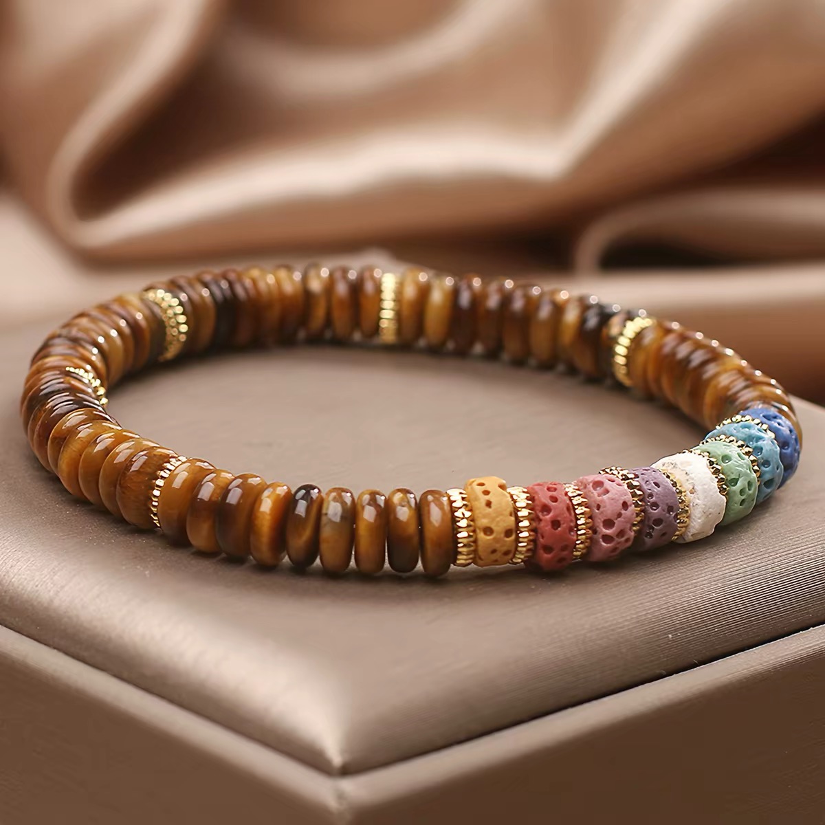 6 mm natural tiger’s eye beads and colorful lava stone bracelet detail