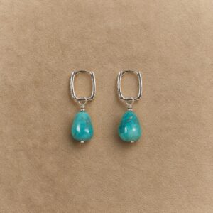 Pair of natural turquoise drop earrings with silver-plated metal hoops