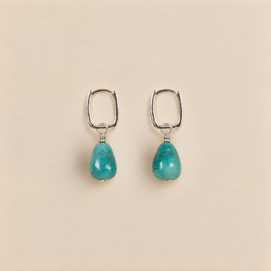 Pair of natural turquoise drop earrings with silver-plated metal hoops