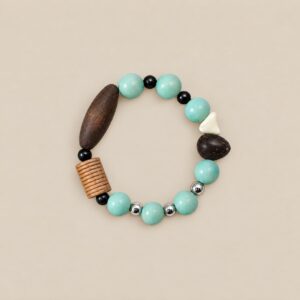 Qingyu stone bracelet with natural teak wood and black mineral beads