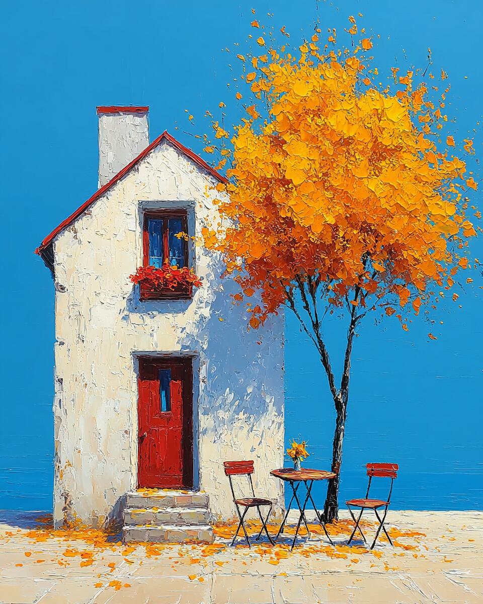 Quiet white house with blue sky and yellow autumn tree used as jewelry design inspiration