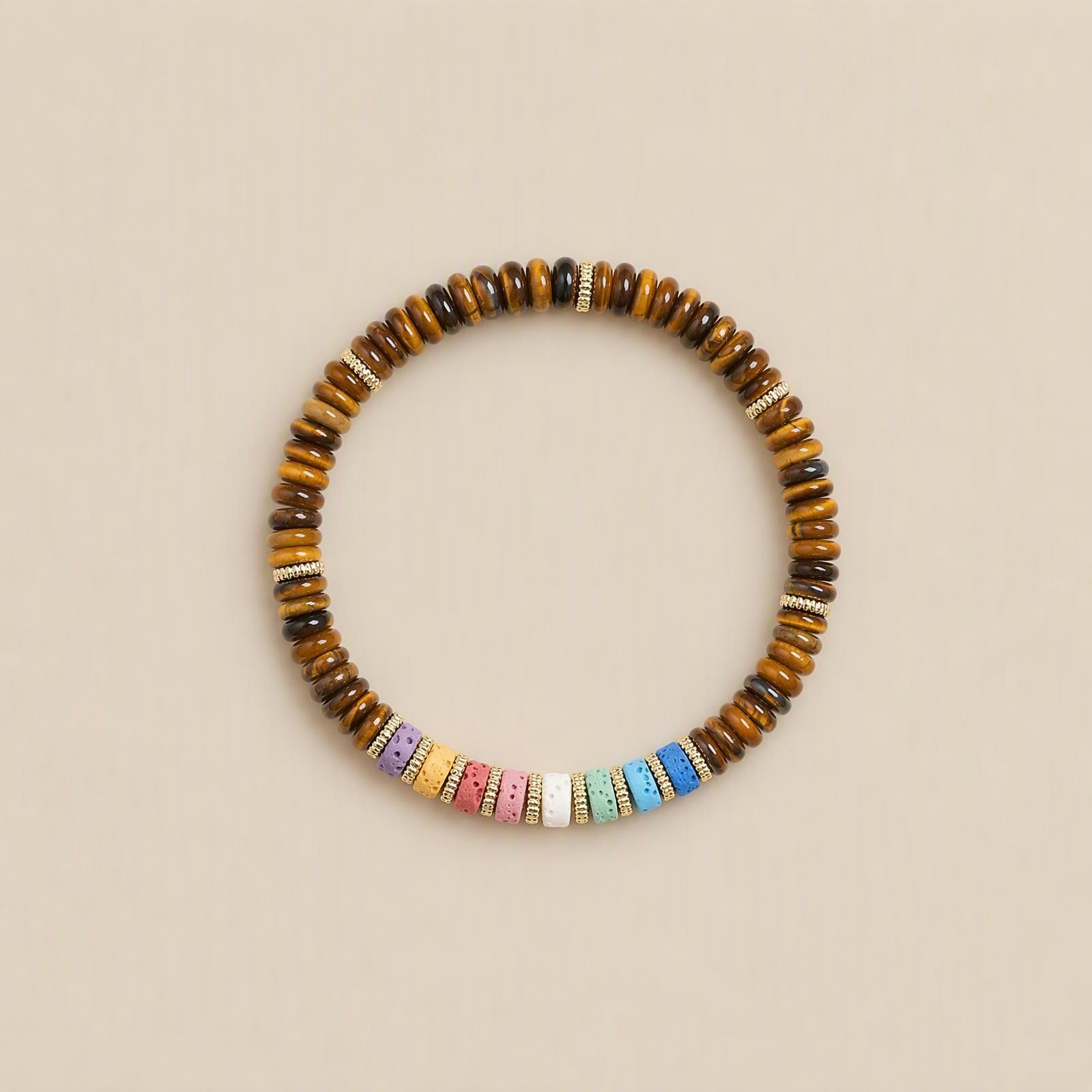 Tiger’s Eye Bracelet with colorful lava stone and 6 mm natural stone beads