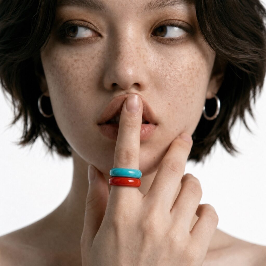 Woman wearing red Nanhong agate and turquoise gemstone band rings together