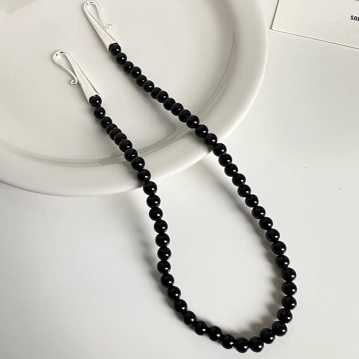 wearing Natural Black Agate Necklace 16 inch choker with white tank top