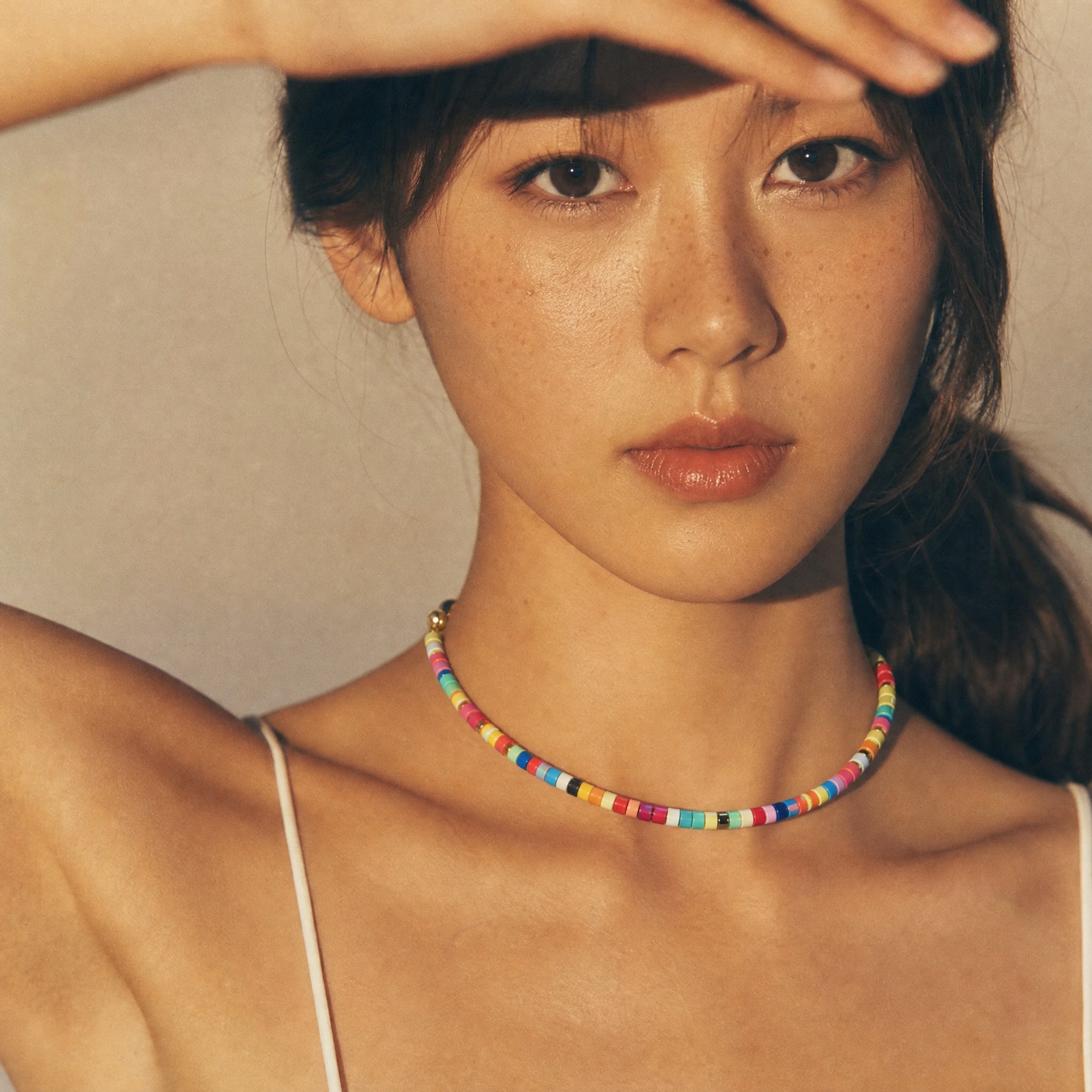 Color Play — Summer Look Colorful beaded necklace styled with a summer outfit